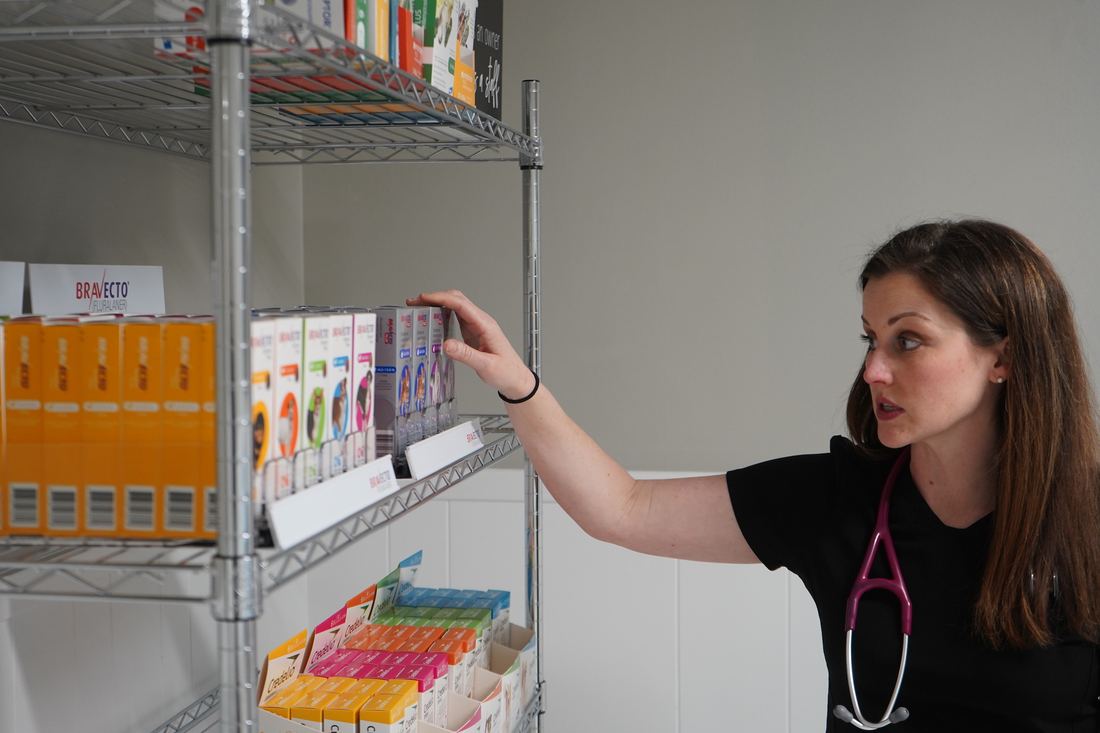 Dr. Kilgore checking the pharmacy shelves